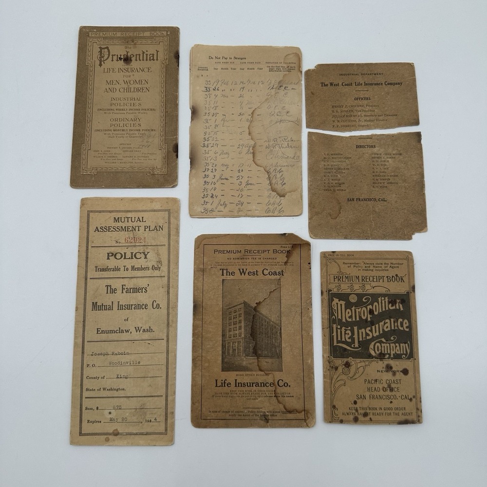 Antique Insurance Premium Receipt Books & Policys Lot Prudential Metro 1904-1926